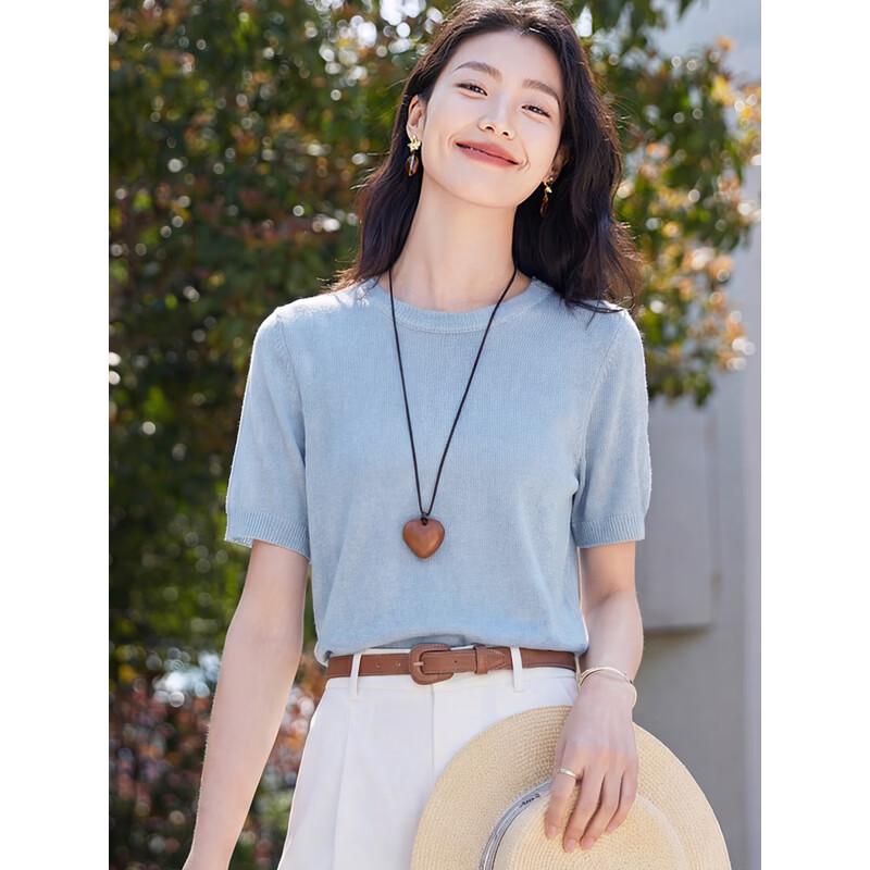 Women's Round Neck Knit Short Sleeve T-Shirt