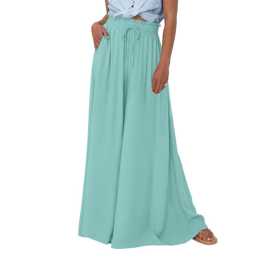 Women High Waisted Wide Leg Pants Summer Casual Flowy Palazzo Pants Solid Beach Trousers With Pocket