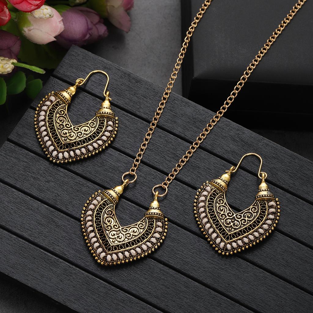 Vintage Ethnic Gold Color Drop Earrings Necklace for Women Heart Shape Statement Earrings Bohemian Rope Wrap Zircon Bijoux