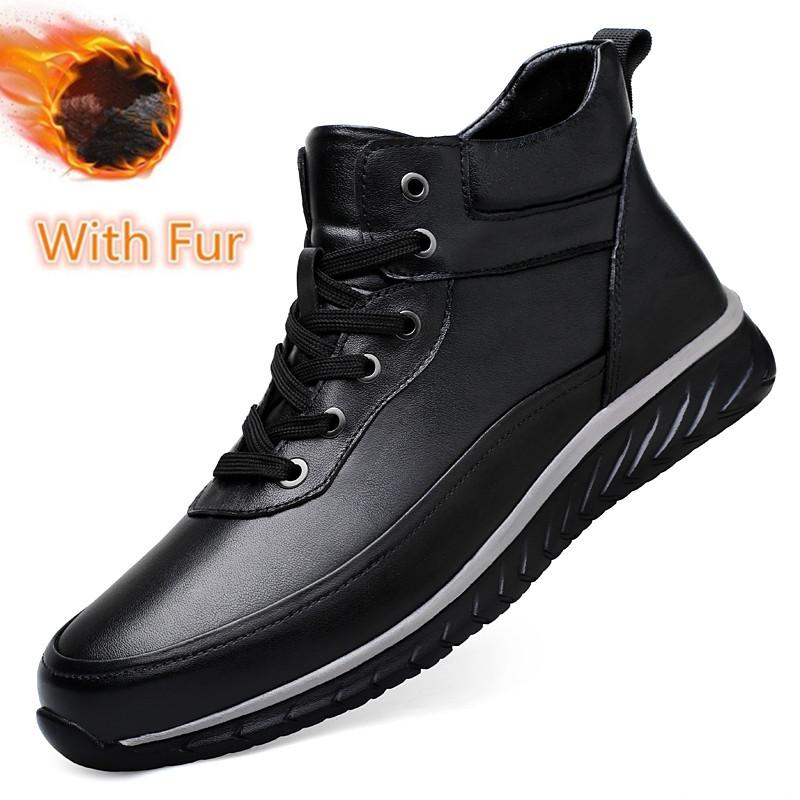 Fashion Mens Fashion Sneakers Genuine Leather Male Basic Boots Handmade Men's Low Top Casual Shoes Lace-Up Men Winter Plush Snow Boots