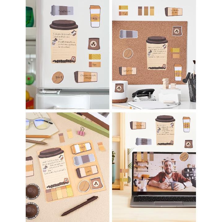Coffee Themed Gifts for Coffee Lovers, Coffce Sticky Notes Pads with 3 Ballpoint Pens, Self-Stick Notes Pads Animal Divider Tabs Bundle Writing Memo