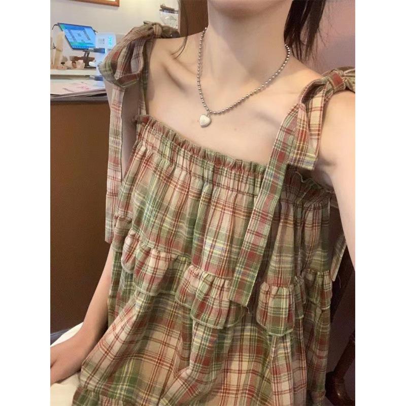 Retro Lace-Up Plaid Babydoll Cami Top