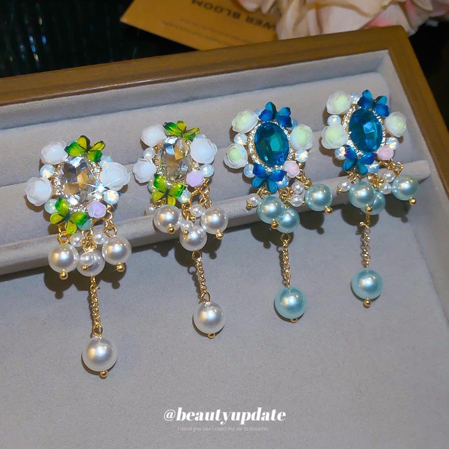 Silver Needle Holiday Style Rhinestone Resin Flower Butterfly Pearl Tassel Earrings Personalized Sweet Premium Earrings