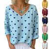 Women's Casual Loose Fit Long Sleeve V Neck Top Heart Print Cotton Linen Blouse Lightweight Breathable Comfortable Fabric
