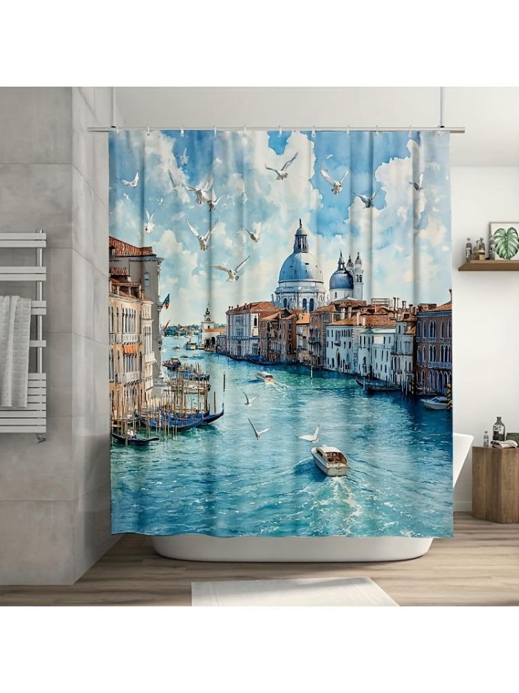 

1PC Venice Grand Canal Print Shower Curtain,Durable Polyester Fiber, Machine Washable with Hooks, for Bathroom & Bathtub Decor W90xH180cm