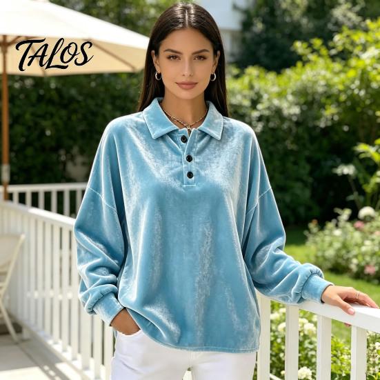 Damen Pullover Hemd Damen Samt Hemd, 3-Knopf Kragen Casual Bluse, Einfarbige Tägliche Kleidung Locker Langarm Oberteil für die Arbeit Atmungsaktive Bluse