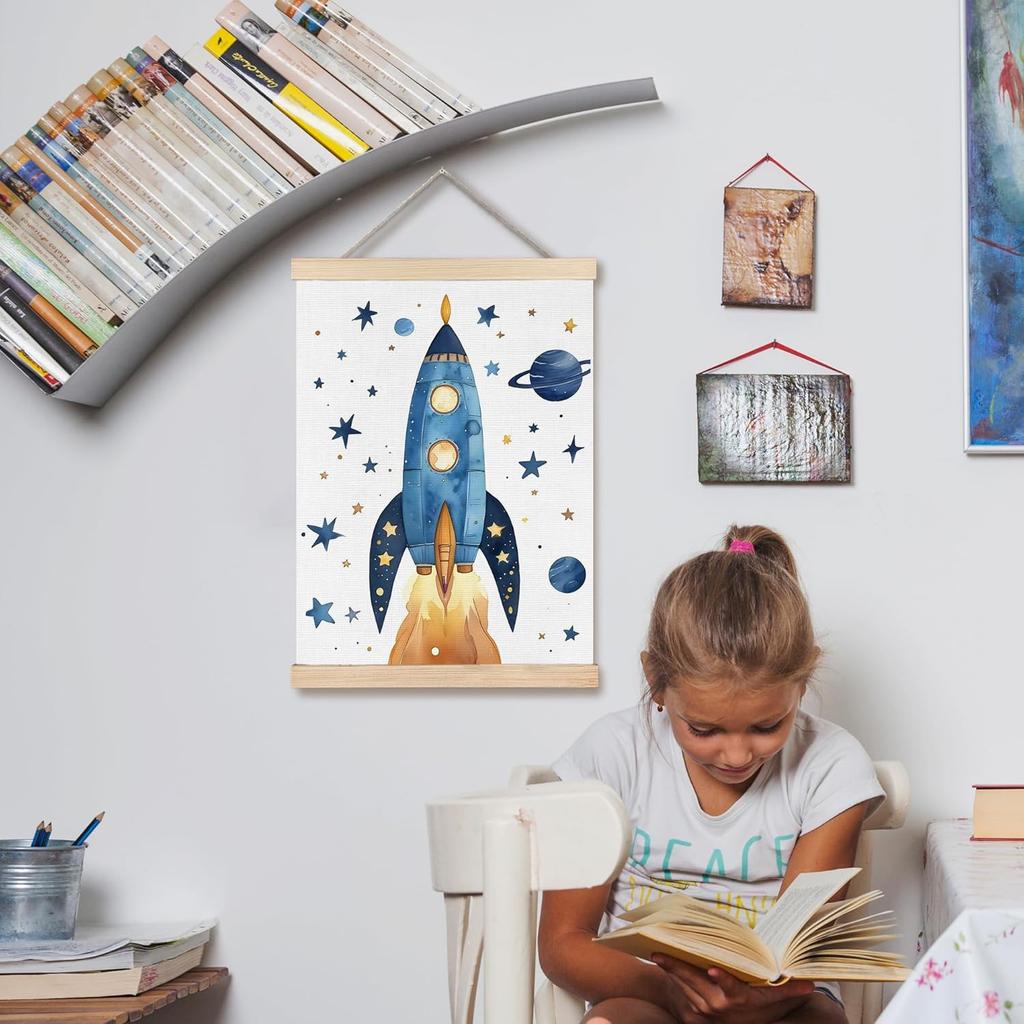 FDHSPAAM Space Rocket Kids Wall Art Decor, Space Nursery Decor, Fantasy Blue Spaceship Planet Star Wall Art Posters for Nursery Home Kids Boys
