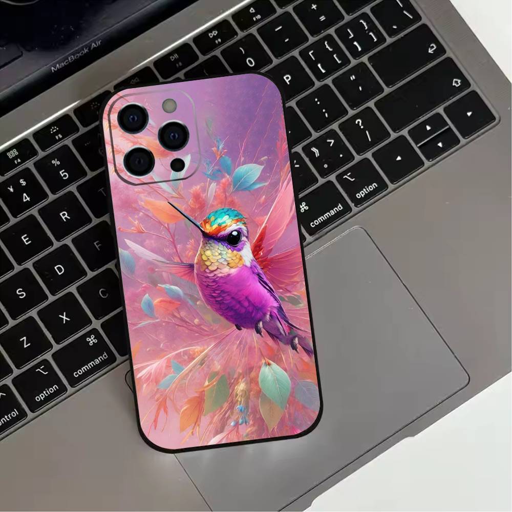 Bird Hummingbird Painting Phone Case For iPhone 17,16,15,14,13,12,11 Plus,Pro Max,XS,Soft Silicone Black Cover