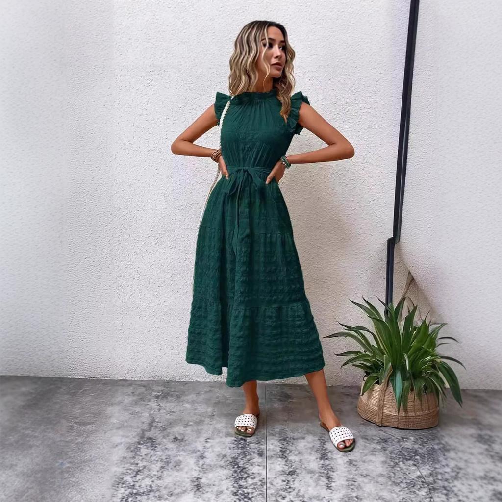 Women Solid Color Tie Waist Midi Dress Casual Square Neck Ruffle Sleeve Summer Dress