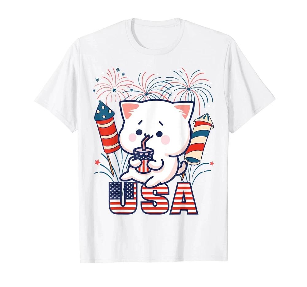 USA 4th Of July Independence Day USA American Funny Kawaii Cat TShirt S