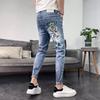 Herren Koreanischer Stil Slim Stretch Jeans mit Bärenprint - Trendige Europäische Mode Skinny Hosen für Frühling und Sommer