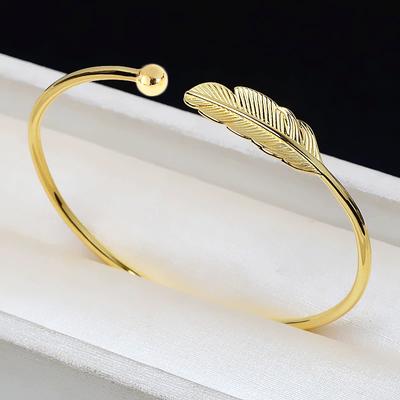 Open Cuff Women's Bangles Gold Color Metal Feather Shape Adjustable Open-Bangle Punk Fashion Hiphop Style Wrist Zircon Pulseras
