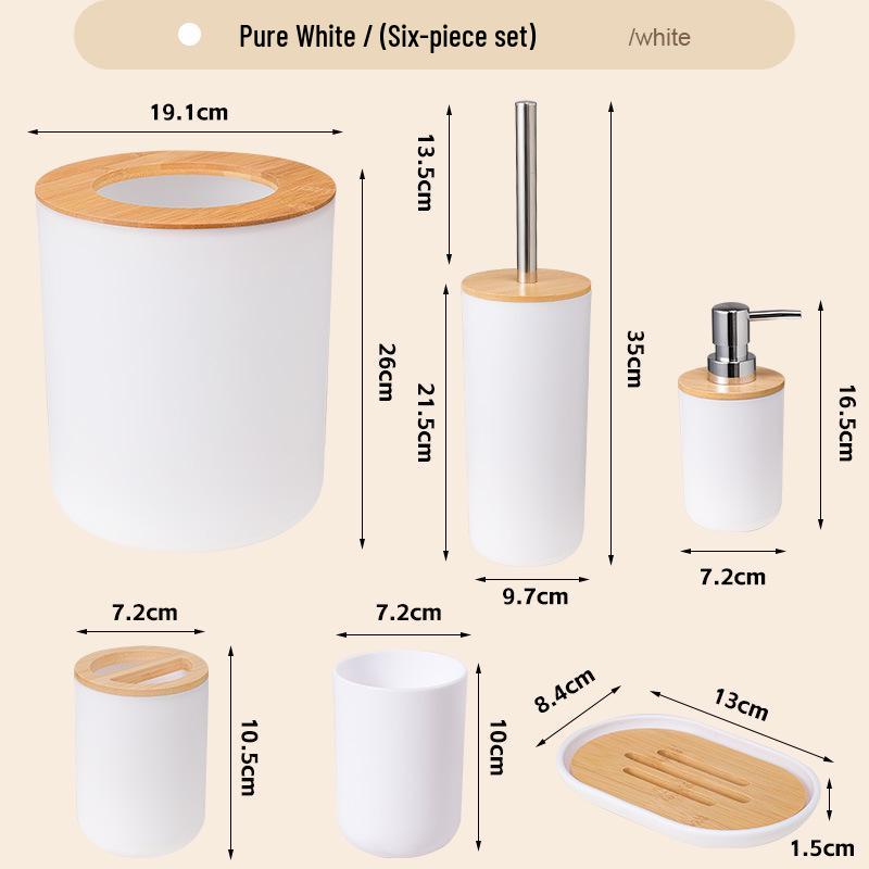 Six-Piece Bathroom Set: Washbasin, Trash Can, Soap Dish, Cleaning Tools.