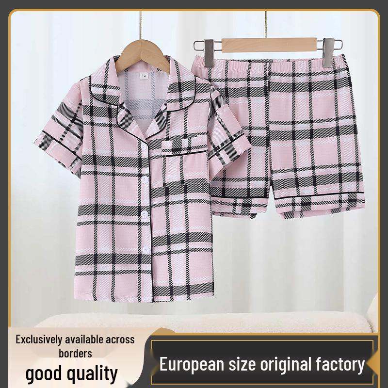 Girls Plaid Stripe Short-Sleeve Pajama Set - European & American Style 120cm
