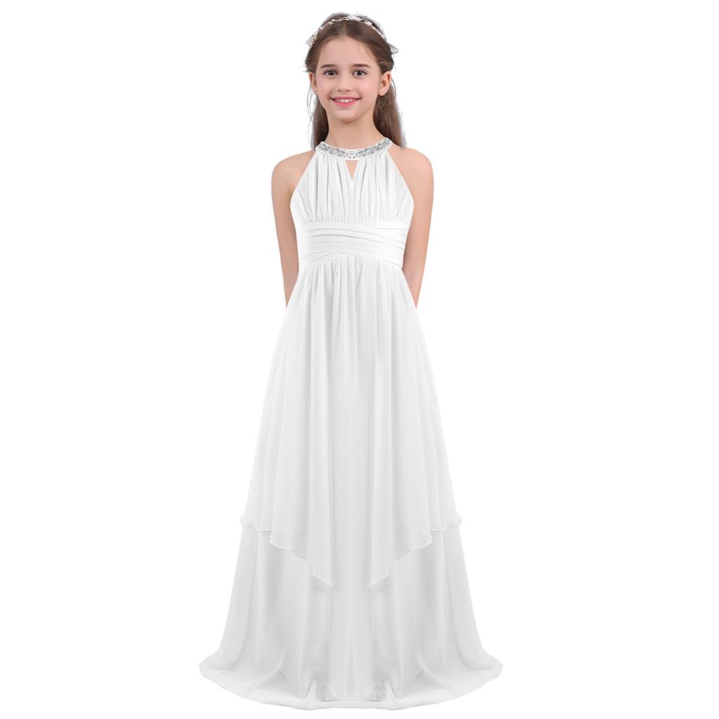 Kids Girls Sequined Neckline Chiffon Girls Flower Dress Junior Wedding Dance Party Graduation Gowns