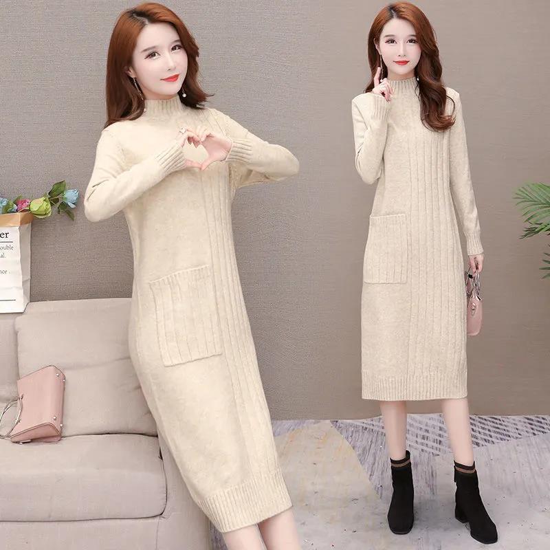 Knitted Dress for Women In Autumn and Winter Korean Style Loose Mid-length Pullover Solid Color Half Turtleneck Sweater Dress