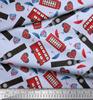 Soimoi Japan Crepe Satin Fabric Bus,Telephone Booth & London Clock Tower Architectural Print Sewing Fabric Metre 42 Inch