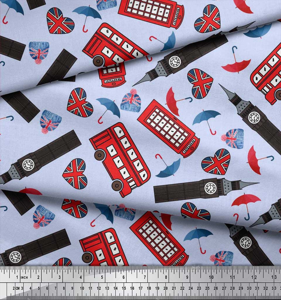 Soimoi Japan Crepe Satin Fabric Bus,Telephone Booth & London Clock Tower Architectural Print Sewing Fabric Metre 42 Inch