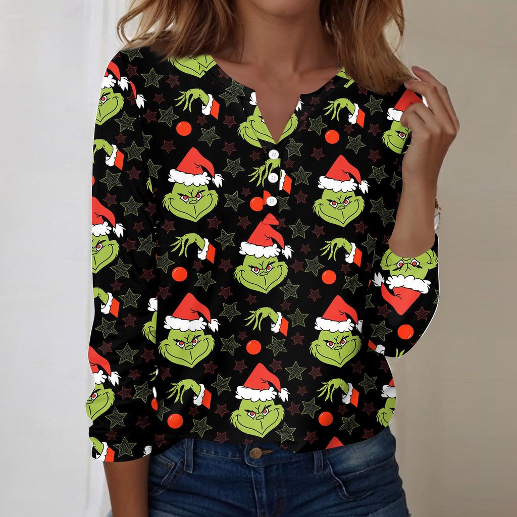 Women's Fashion Casual V-Neck Long Sleeve Decorative Button Christmas Print Top