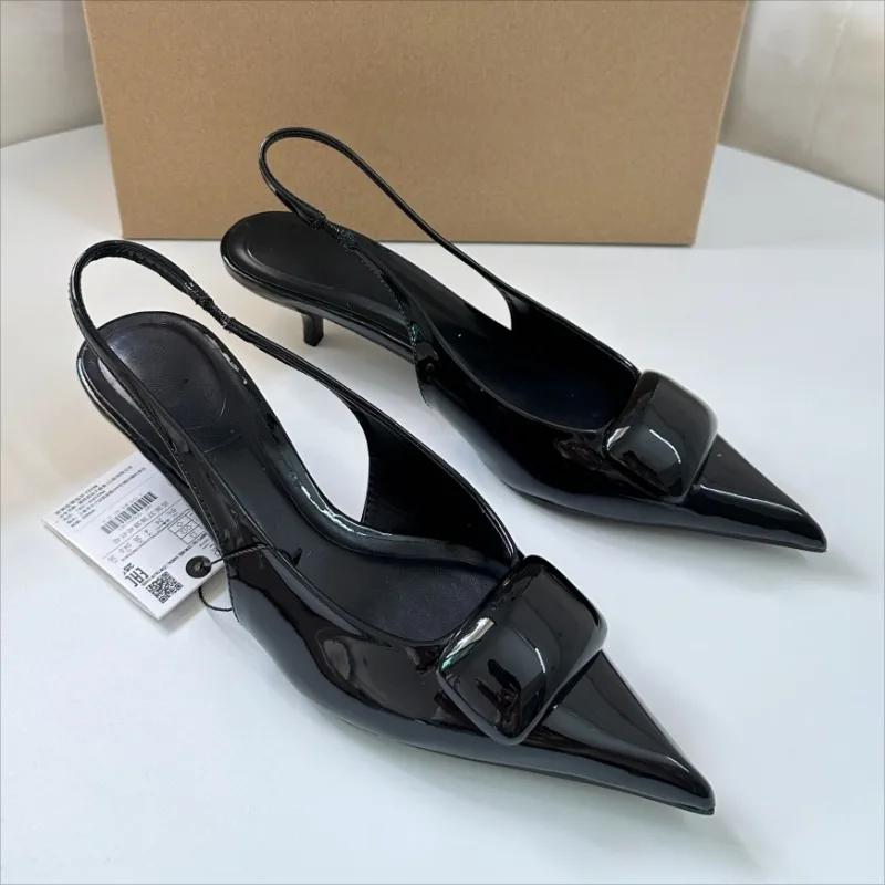 Fashion Square Buckle Pointed Toe Modern Sandals for Women New Summer Desiger Slingback Patent Leather High Heels Ladies Dress Shoes