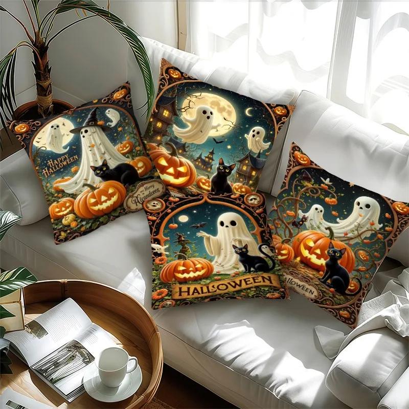 Halloween Throw Pillow Cover Spooky And Pumpkin Pattern Cushion Covers Machine Washable Decorative Bedroom Living Room