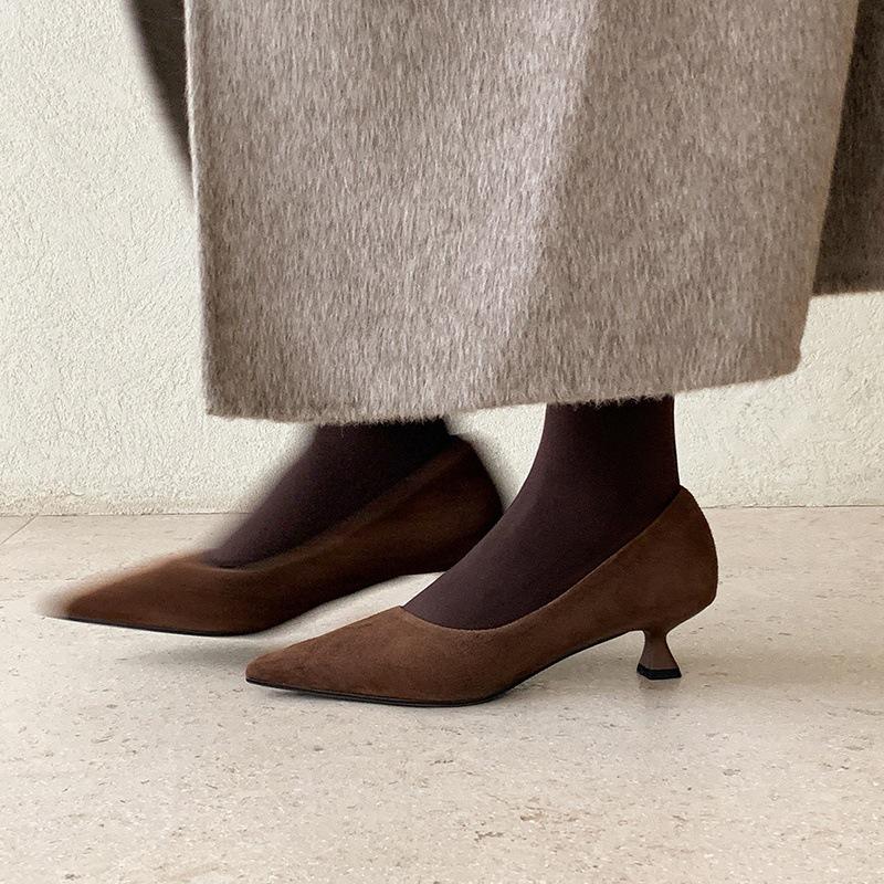 Fleece Women's Single Shoes 2025 Autumn New Korean Version High-heeled Leather Single Shoes Women's Commuting One-pedal Doudou Shoes Floating Shoes