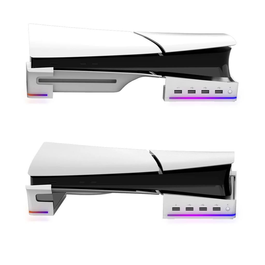 Supporto Orizzontale con Luce LED RGB per Console PS5 Slim, Supporto Accessori con 14 Modalità di Luce e Porte USB a 4 Porte