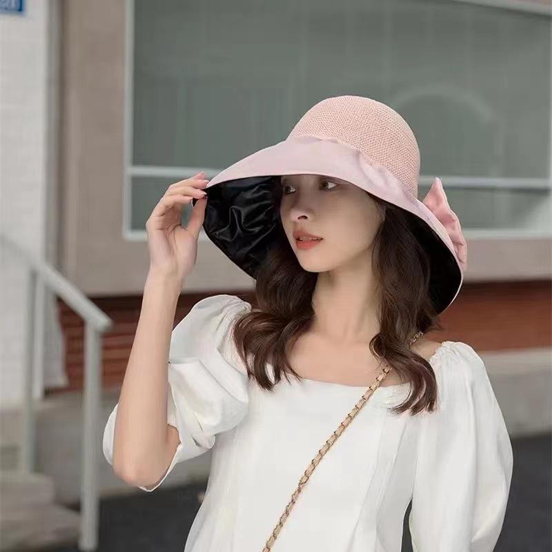 Sunscreen hat women's new vinyl pocket storage bucket hat summer UV protection sun hat bow sun hat