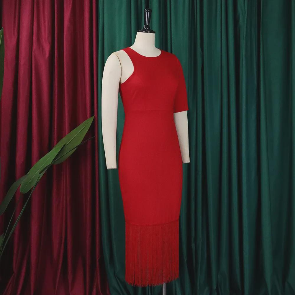 D357 Plus Size Women's Summer 2023 Solid Color Bodycon Tassel Pencil Skirt Dress