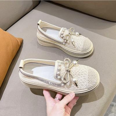 Moda 2024 Verão Novos Sapatos Femininos Grandes Coreanos Sola Grossa Sapatos de Pescador Femininos Lazer Respirável Malha Fundo Plano Sapatos Feijão