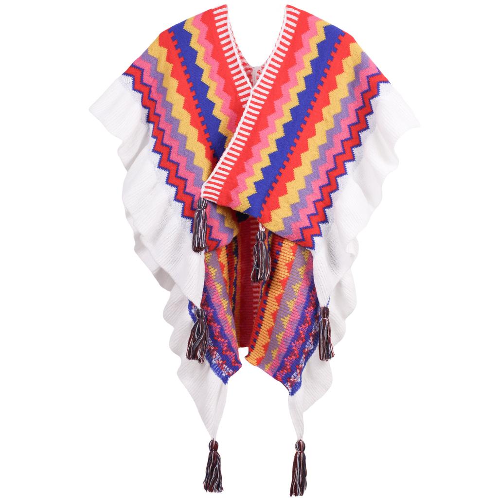 Flowers Embroidered Rainbow Knitted Shawl Spliced Ruffles Sweater Coat Irregular Gauze Ruched Scarf Cape Cardigan Poncho