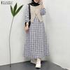 ZANZEA Women Casual Round Neck Long Sleeve Patchwork Plaid Print Dress