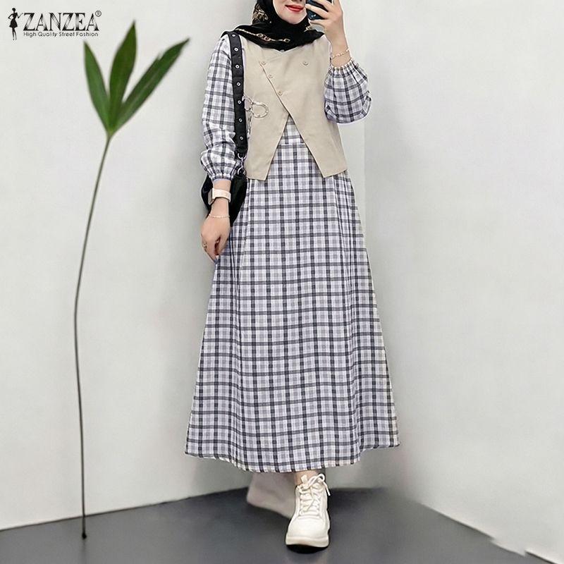 ZANZEA Women Casual Round Neck Long Sleeve Patchwork Plaid Print Dress