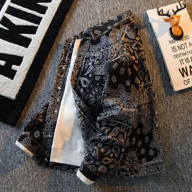 

Мужские осенние ретро жаккардовые джинсовые куртки весенние красивые свободные повседневные топы в стиле хай-стрит рабочая одежда мужская одежда XS чёрный