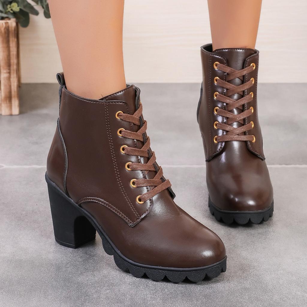 European and American low-heeled high-heeled boots autumn and winter thick-heeled waterproof table lace-up large-size Martin boots