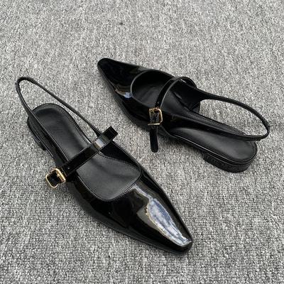 Sling Back Black Flats Shoes Women Pointed Toe Low Heels Elegant Mary Janes Glossy Pu Leather Buckle Strap Soft Ladies Shoes