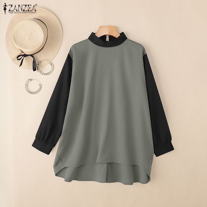 ZANZEA Women Stand Collar Loose Casual Long Sleeve Patchwork Blouse