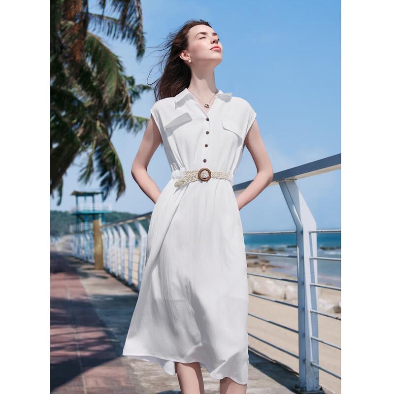 Baitu Women's Summer Sleeveless Lapel Belted Dress