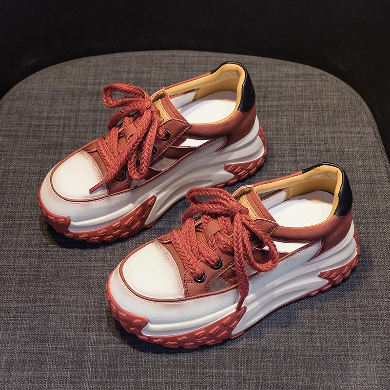 Daddy Shoes Leather Surface Hollow Women 2025 Summer New Retro Lightweight Inner Height Increase Casual Sports Shoes Platform Sandals