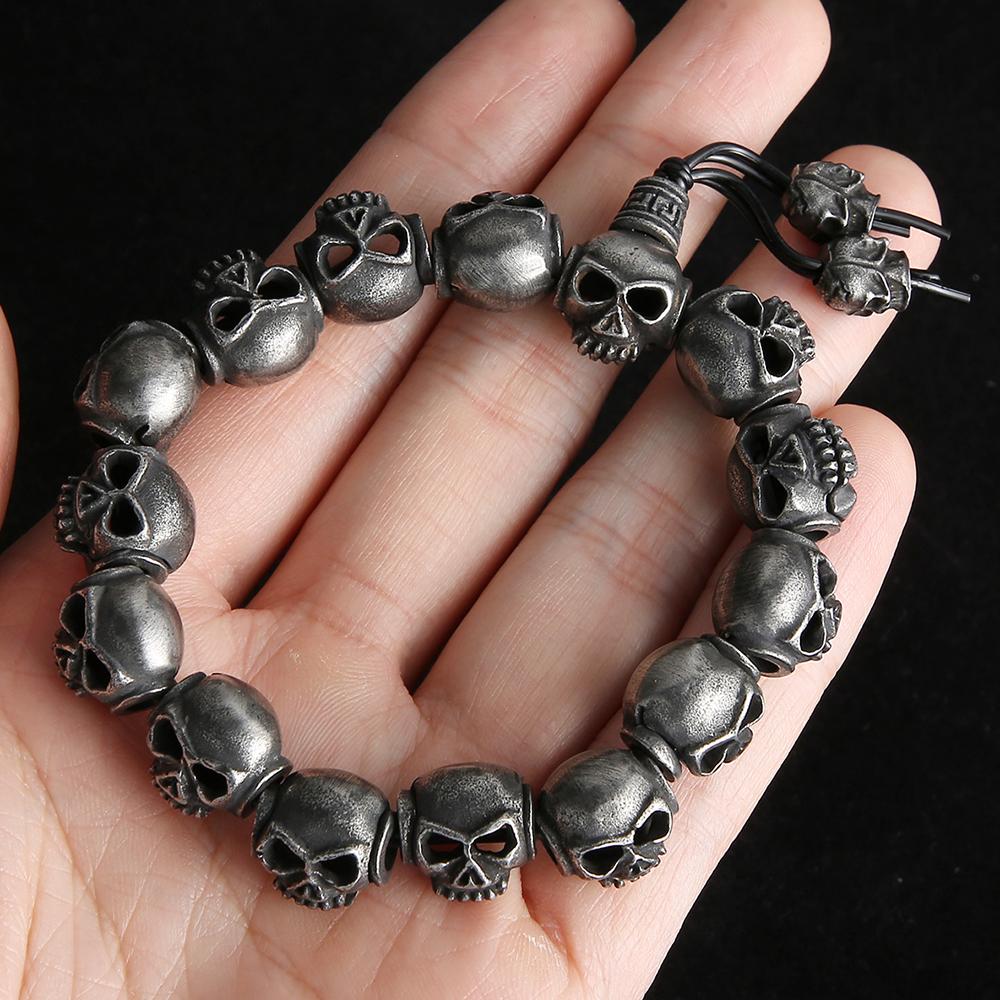 Brățară cu lanț din mărgele cu cap de craniu lucrată manual cool pentru bărbați, din oțel inoxidabil solid, pentru bărbați, brățări pentru bărbați, punk rock, bijuterii, accesoriu