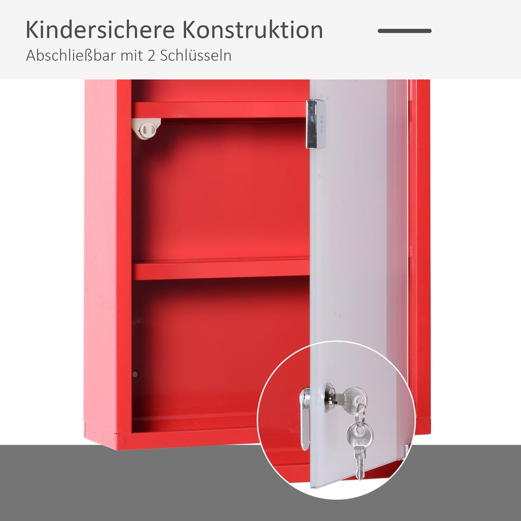 Gabinete de Medicina de Acero Rojo Montado en Pared con 3 Estantes + Puerta de Cristal de Seguridad con Cerradura 60 cm(H)