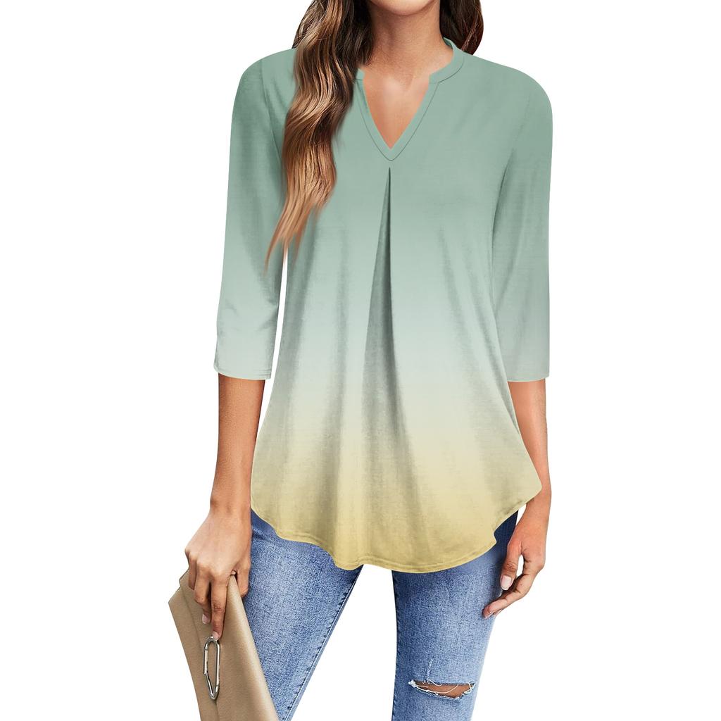 Women's Fashion Casual Three-Quarter Sleeve T-Shirt Printed V-Neck Top
