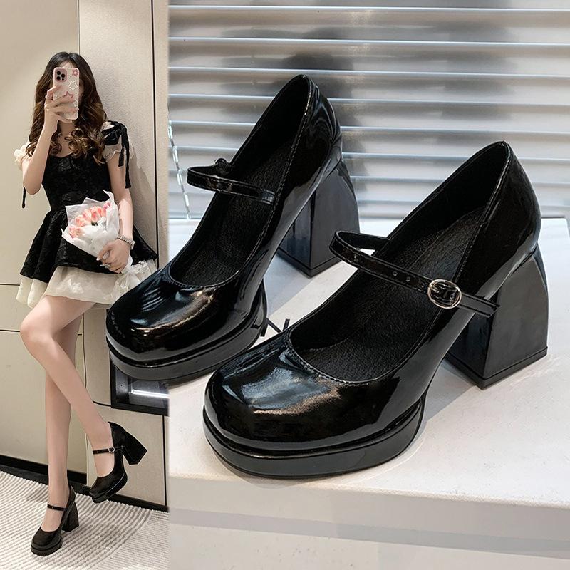 French New Broadband Thick Heel High Heels Women's 2025 Versatile Lolita Outer Wear Platform Small Leather Shoes Light Mouth Single Shoes