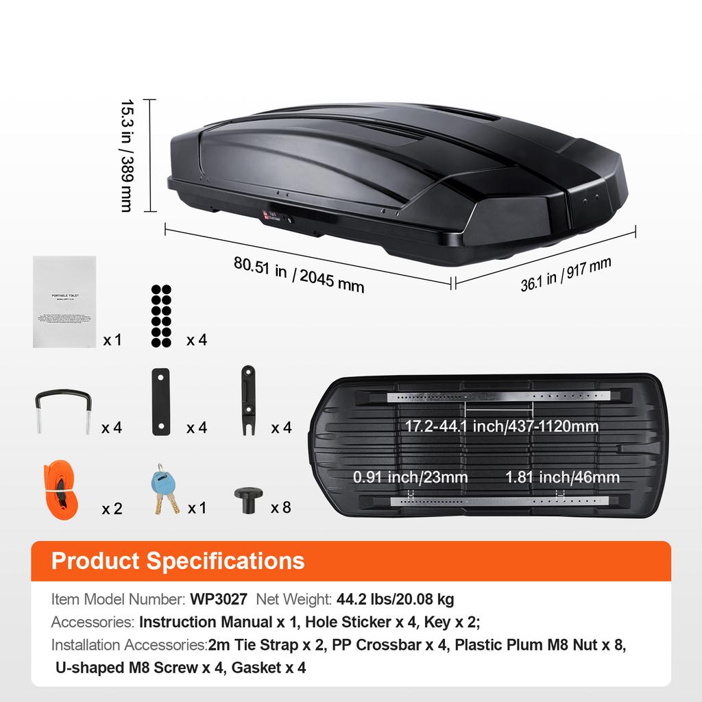 SucceBuy Rooftop Cargo Carrier Roof Cargo Box ABS Hard Shell Roof Box with Dual-Sided Opening and 2 Reinforced Strap Aerodynamic
