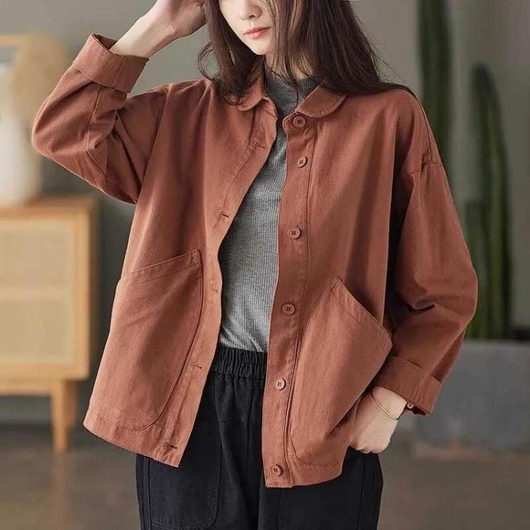 Women's Coats - Vintage Oversize Cotton Coat Women Casual Loose Top Jacket Solid Color Large Pocket Single Breasted