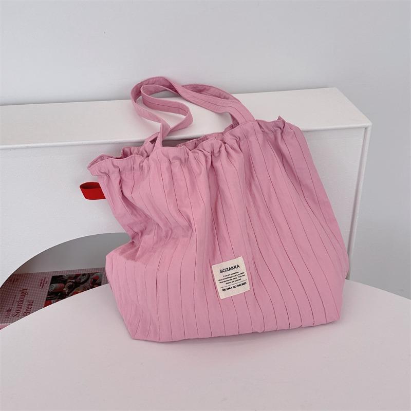 New striped drawstring shoulder bag lazy wind tote cloth bag large capacity commuter bag student class bag