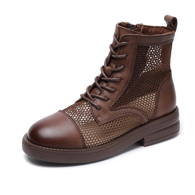 Spring 2025 new breathable mesh shoes first layer cowhide short boots British retro women's boots summer fashion sandals