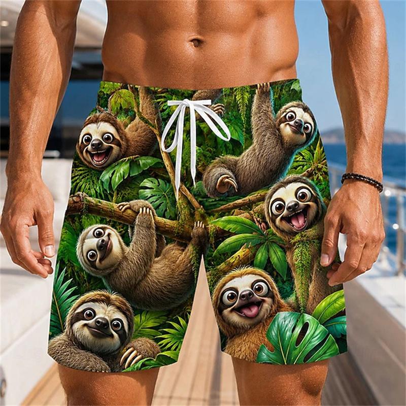 Men Quick‑Dry Board Shorts Funny Cartoon Jungle Animal Print Tropical Floral Pattern Elastic Waist Summer Beach Swim Trunks