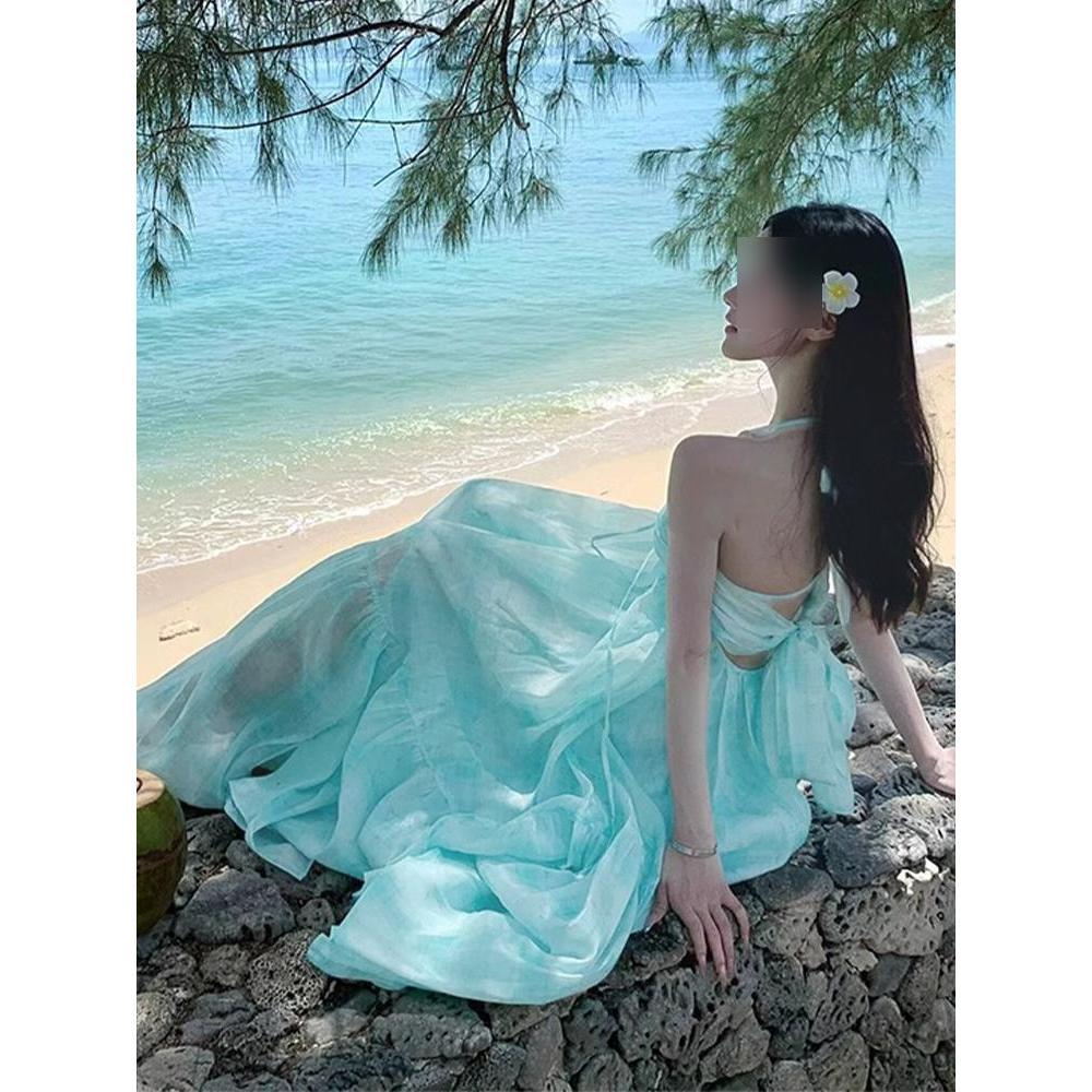 Fengxin purple v-neck neck suspender dress long dress women's summer seaside travel photo dopamine vacation skirt atmosphere