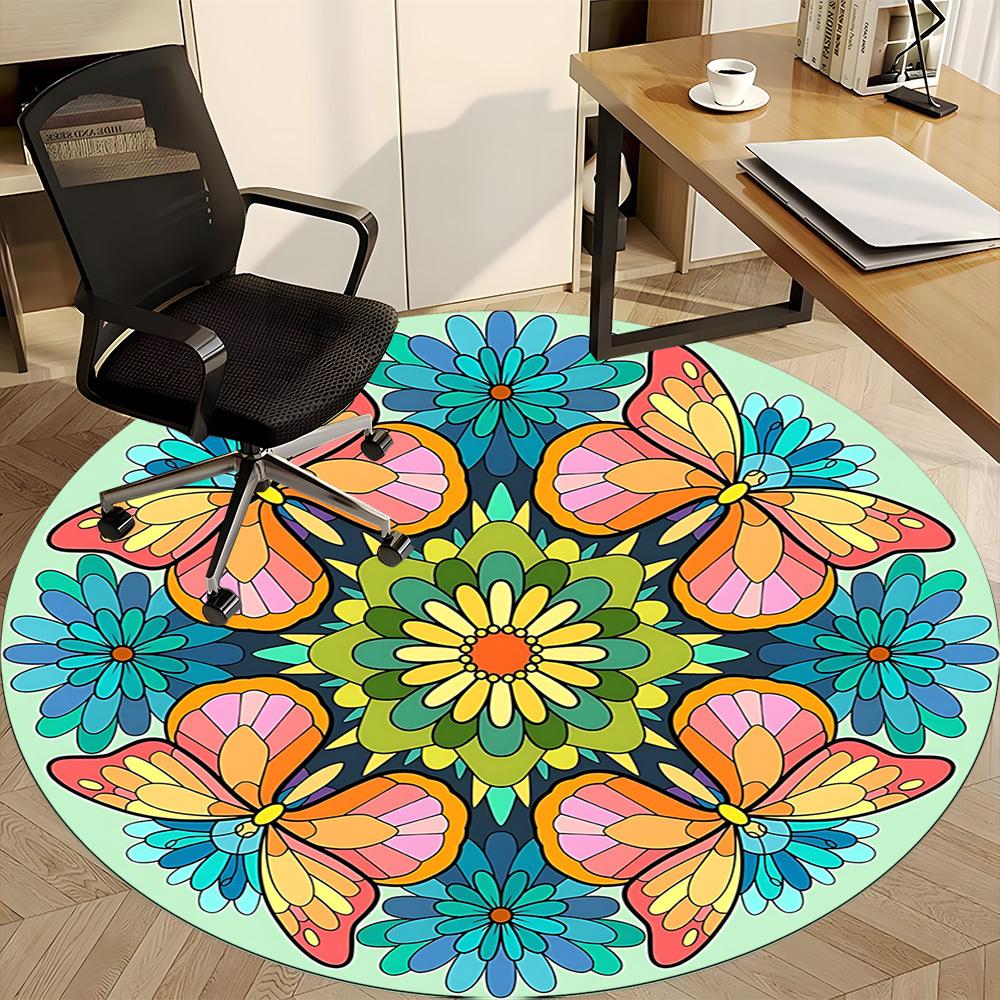 1pc Butterfly Flowers Office Round Area Rug, Under Office Chairs Bedroom Living Room Home Decor, Room Deco